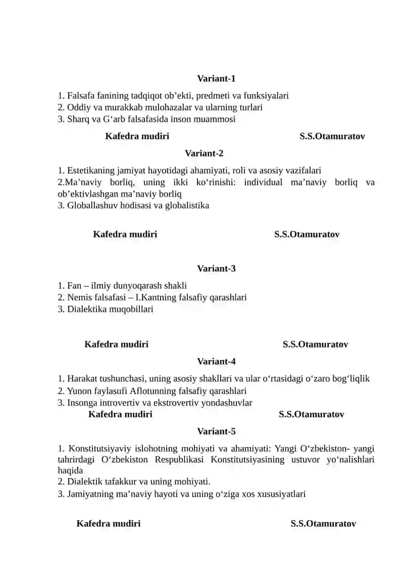 FALSAFA FANIDAN 1 KURS TALABALARI UCHUN ORALIQ NAZORAT VARIANTLARI 2