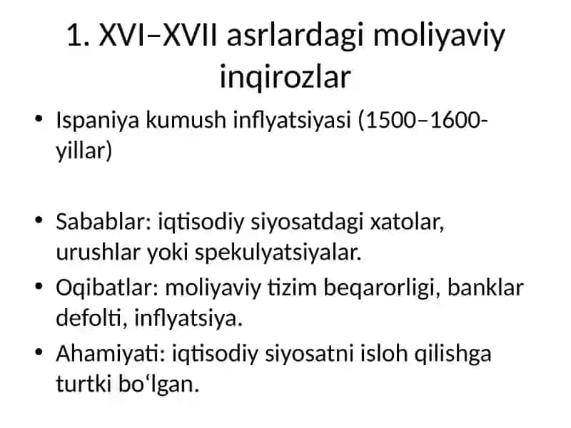XVI–XX asrlardagi moliyaviy-iqtisodiy inqirozlar 2