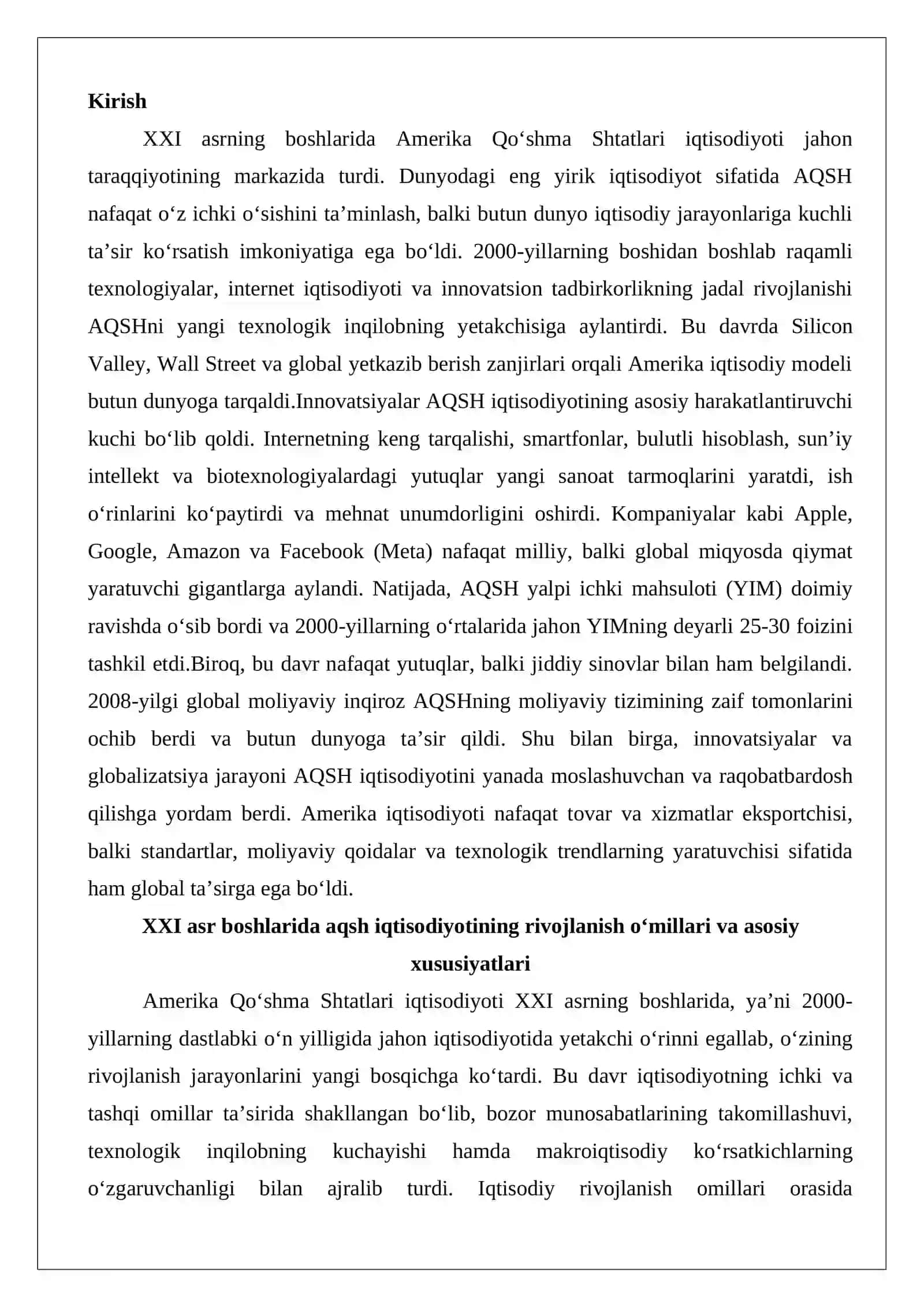 XXI asr boshlarida AQSH iqtisodiyoti: innovatsiyalar va global ta’sir 2