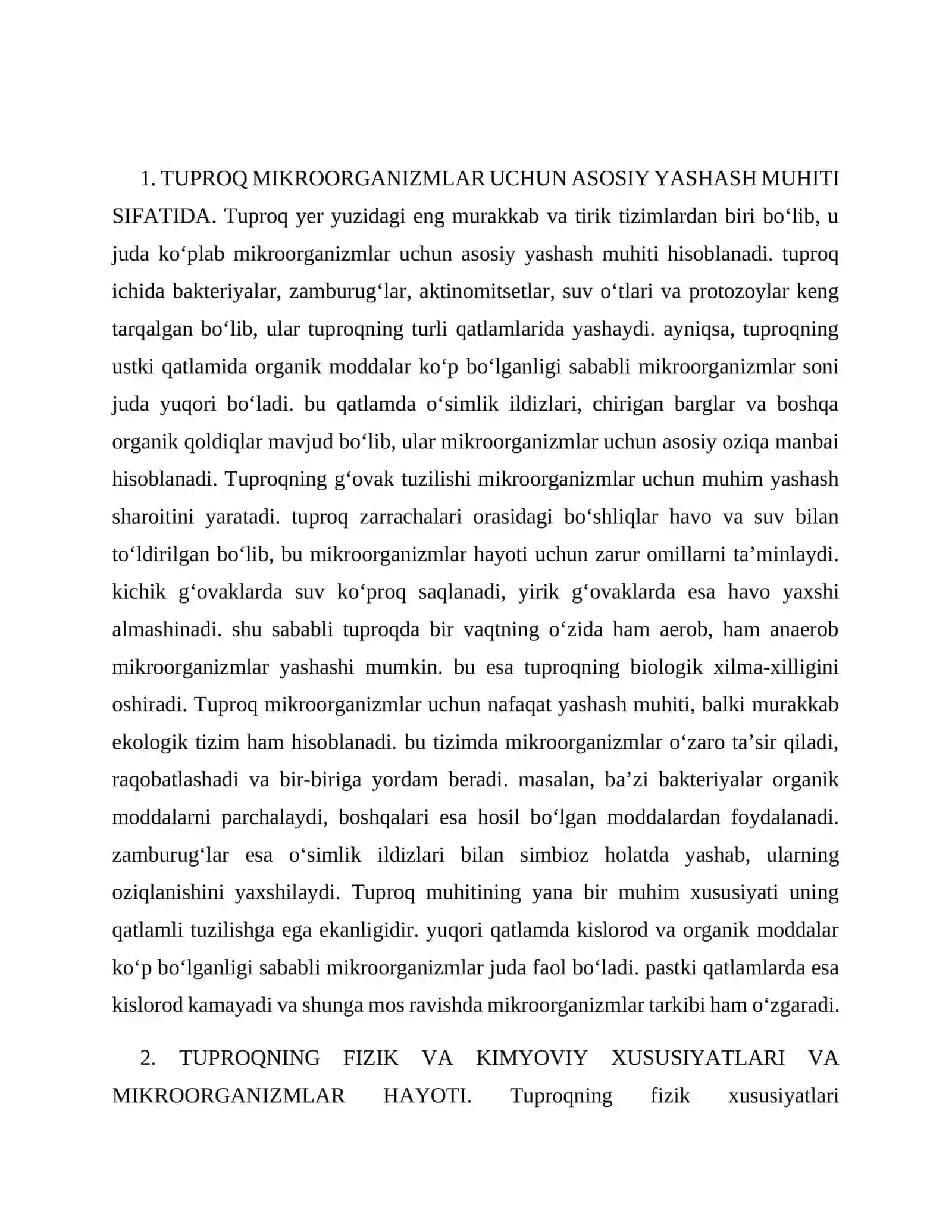 Mikroorganizmlar yashash makoni sifatida tuproqlarning o‘ziga xos xususiyatlari 2
