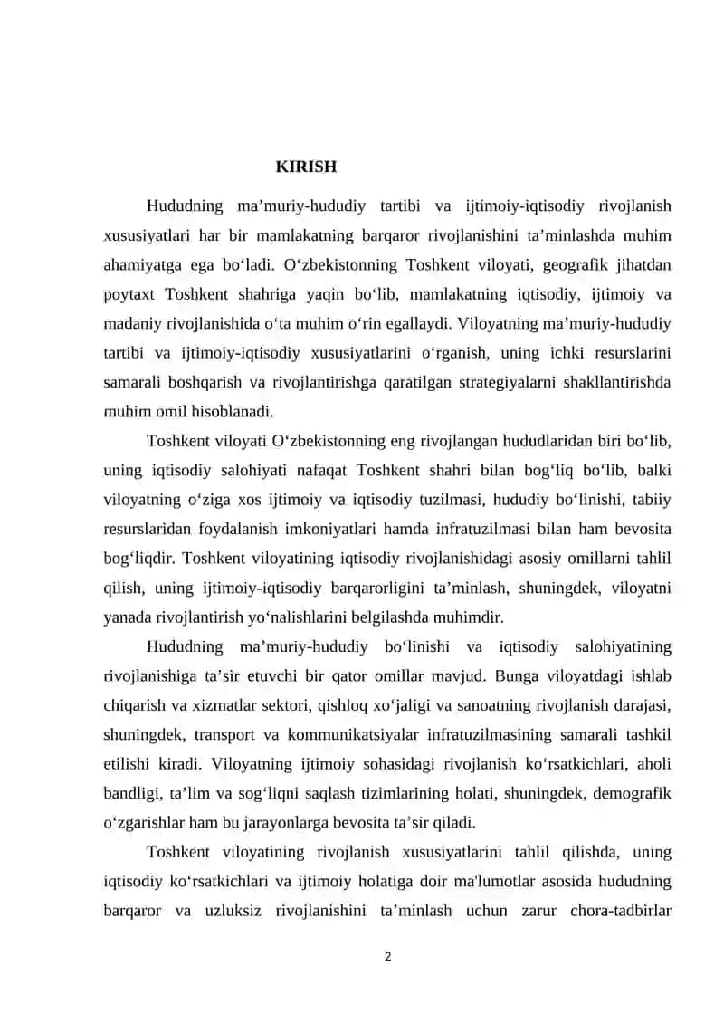 TOSHKENT VILOYATINING MA’MURIY VA HUDUDIY TARKIBI VA IJTIMOIY-IQTISODIY RIVOJLANISH XUSUSIYATLARI 2