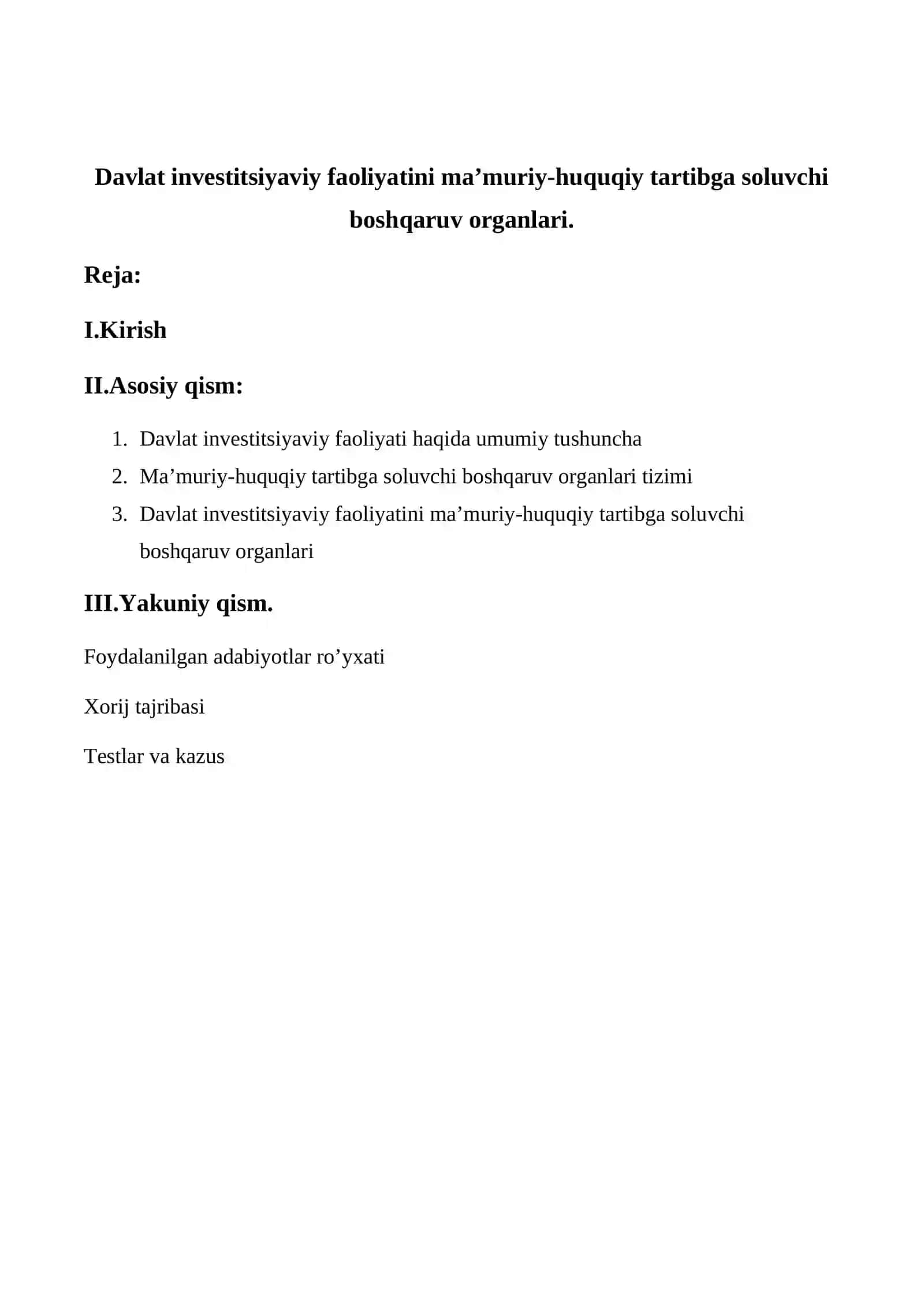 Davlat investitsiyaviy faoliyatini ma’muriy-huquqiy tartibga soluvchi boshqaruv organlari 2