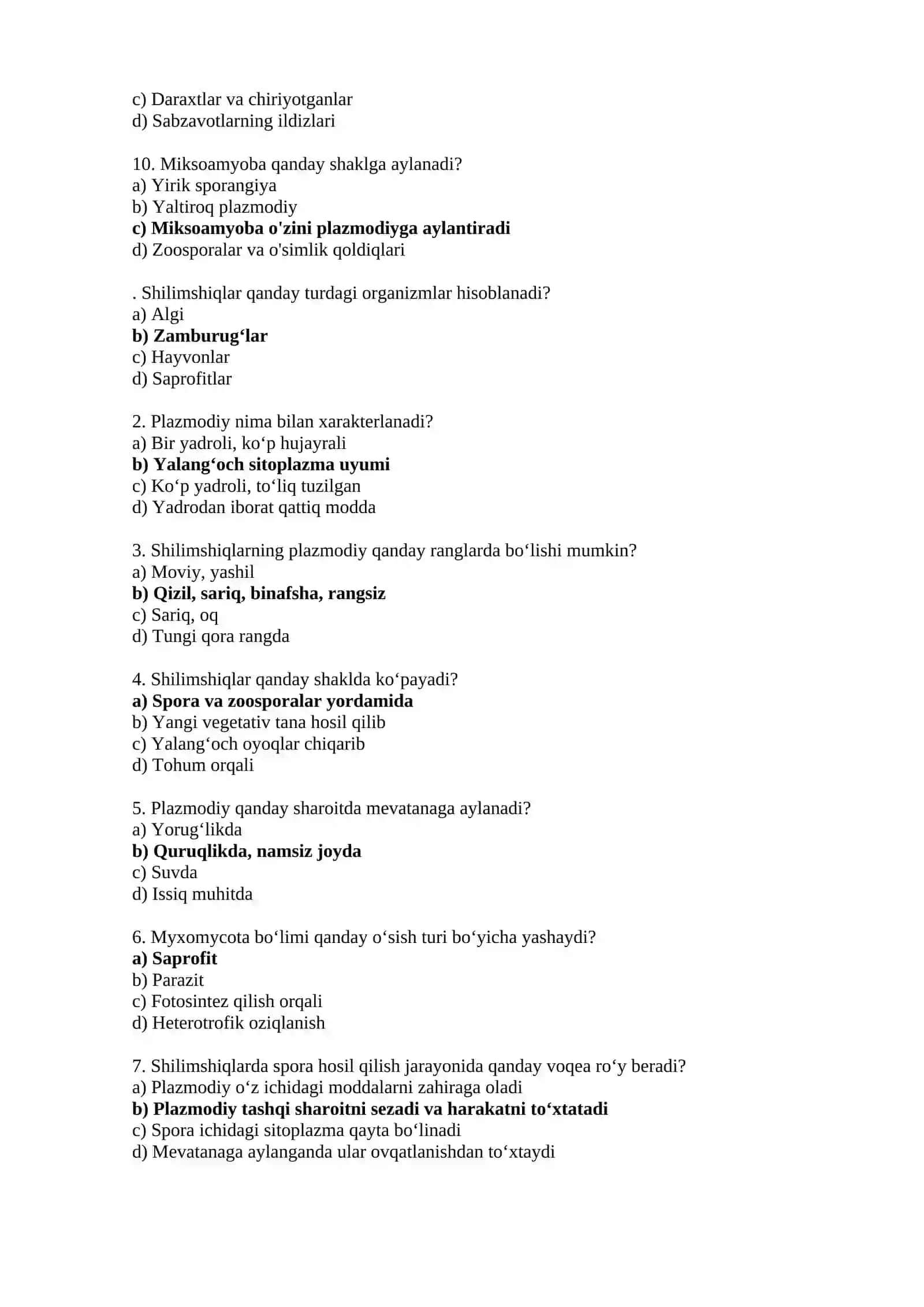 Botanika fanidan test savollari javoblari bilan 2