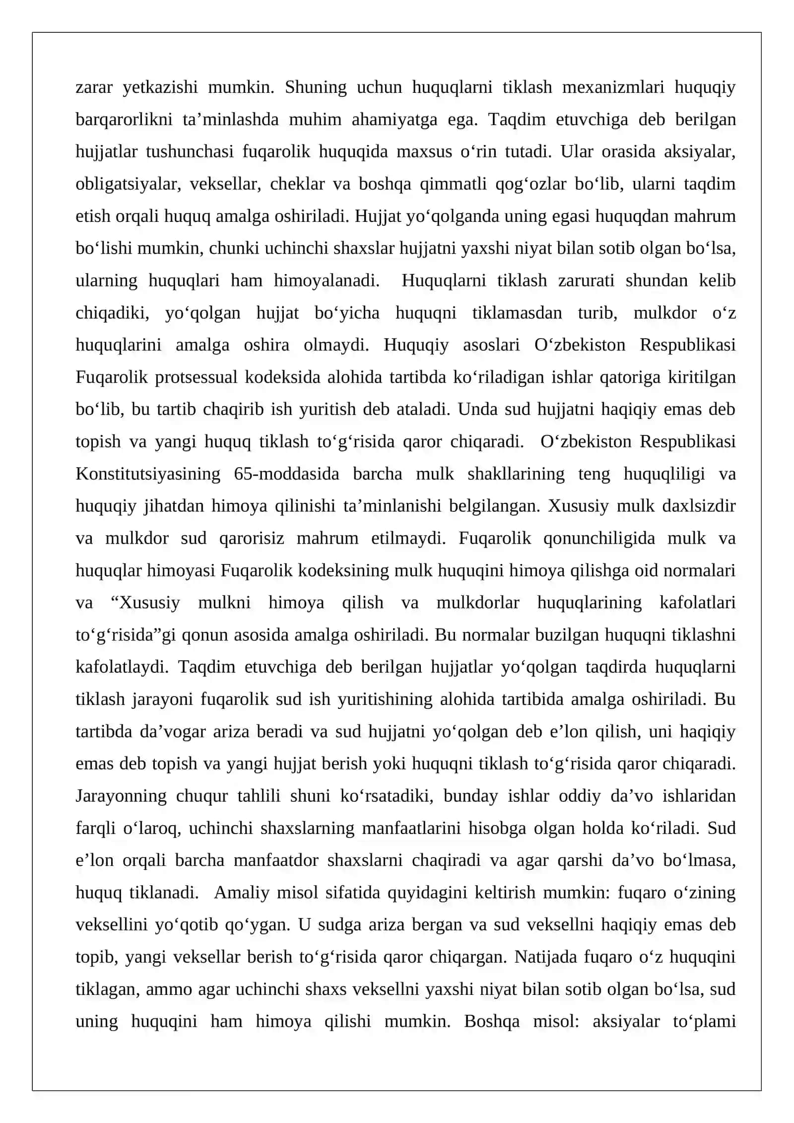 Taqdim etuvchiga deb berilgan hujjatlar yo’qolgan taqdirda, ular bo’yicha huquqlarni tiklash (chaqirib ish yuritish) to’g’risidagi ishlar 2