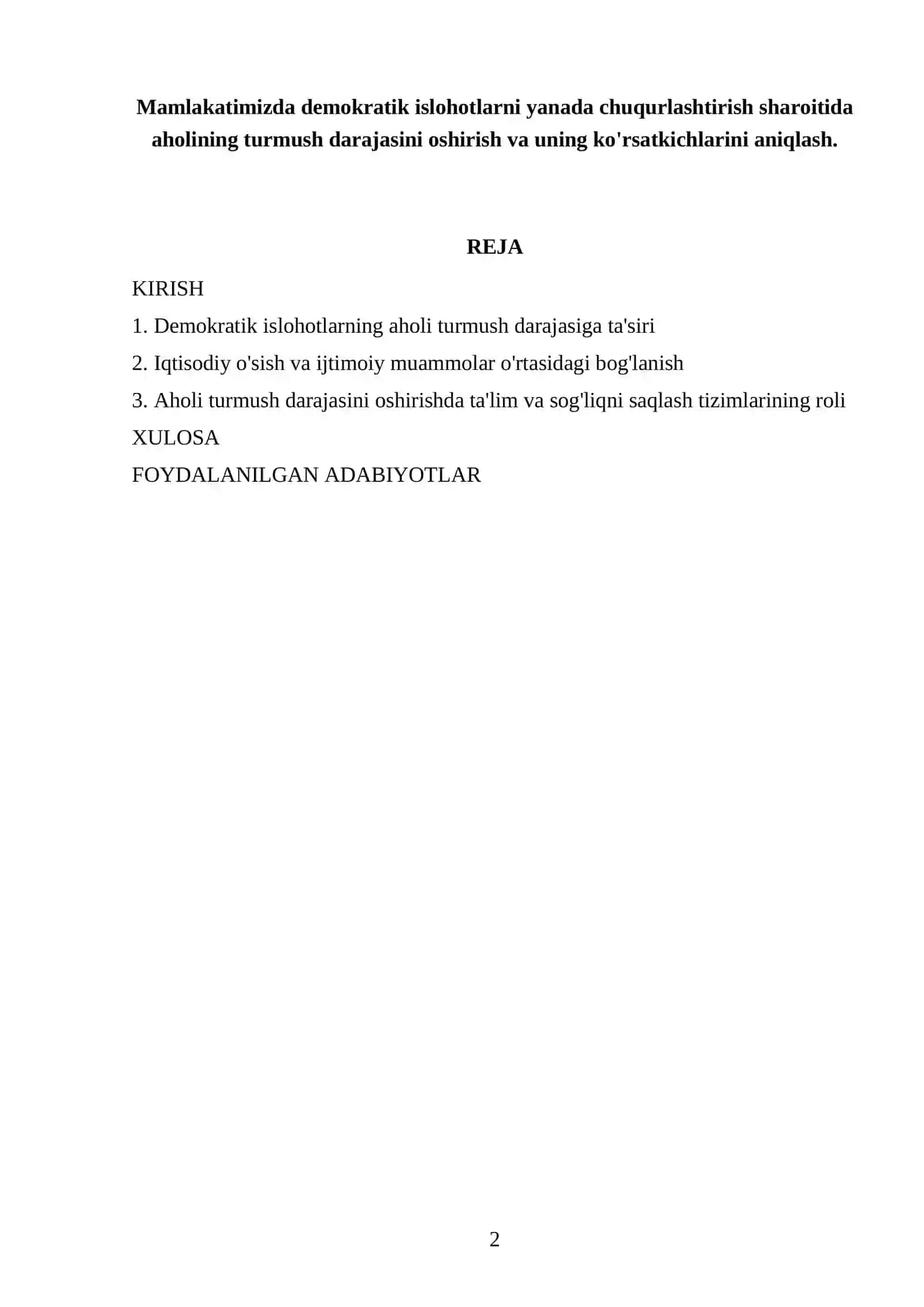 Mamlakatimizda demokratik islohotlarni yanada chuqurlashtirish sharoitida aholining turmush darajasini oshirish va uning ko'rsatkichlarini aniqlash 2