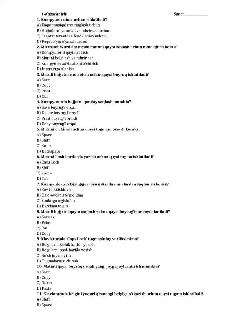 5-sinf informatika test yillik 2