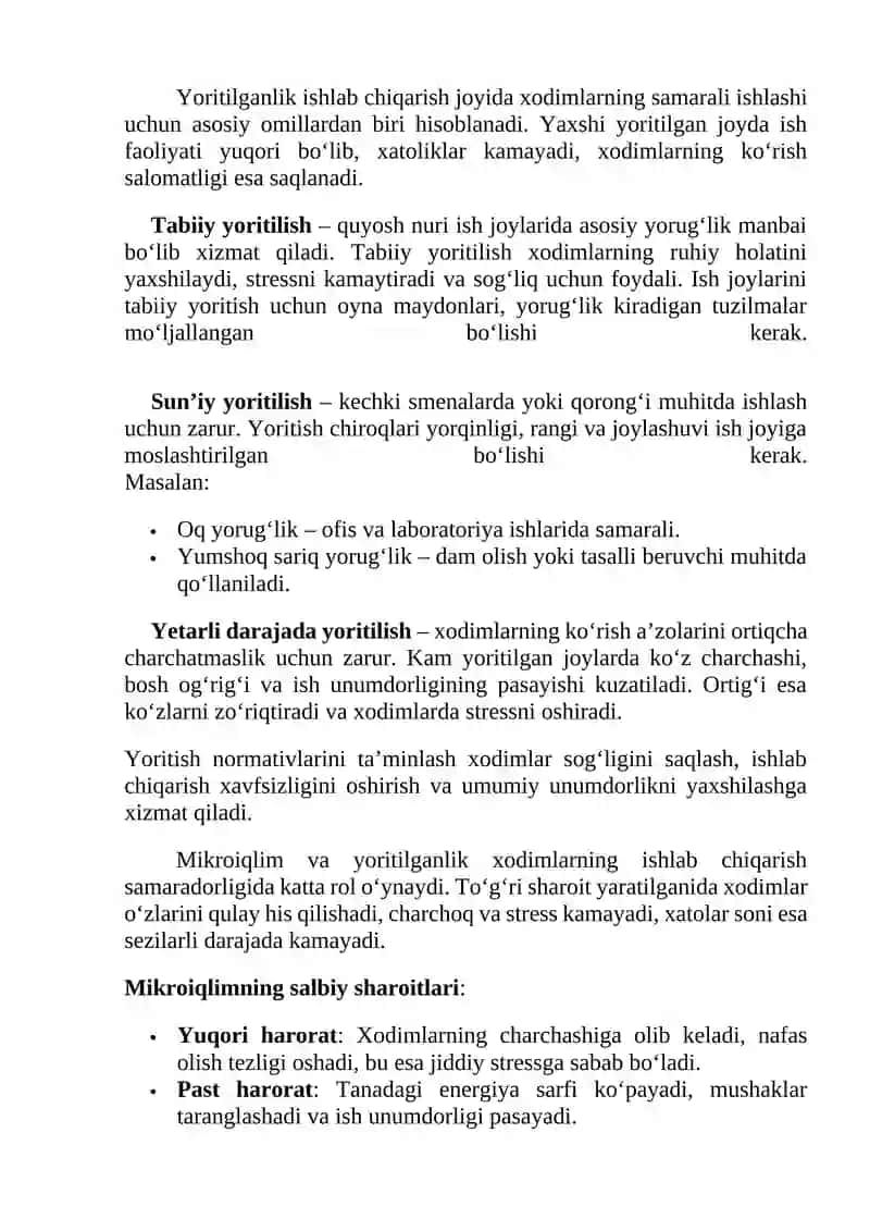 Ishlab chiqarishda mikroiqlim parametrlari yoritilganlik ish faoliyati. 2