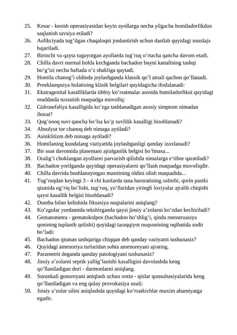 AKUSHERLIK VA GINEKOLOGIYADA HAMSHIRALIK ISHI FANIDAN TEST SAVOLLARI 2