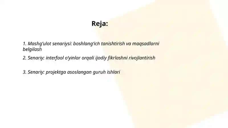 Darsdan tashqari mashgʻulotlarni oʻtkazish senariylari bilan tanishish 2