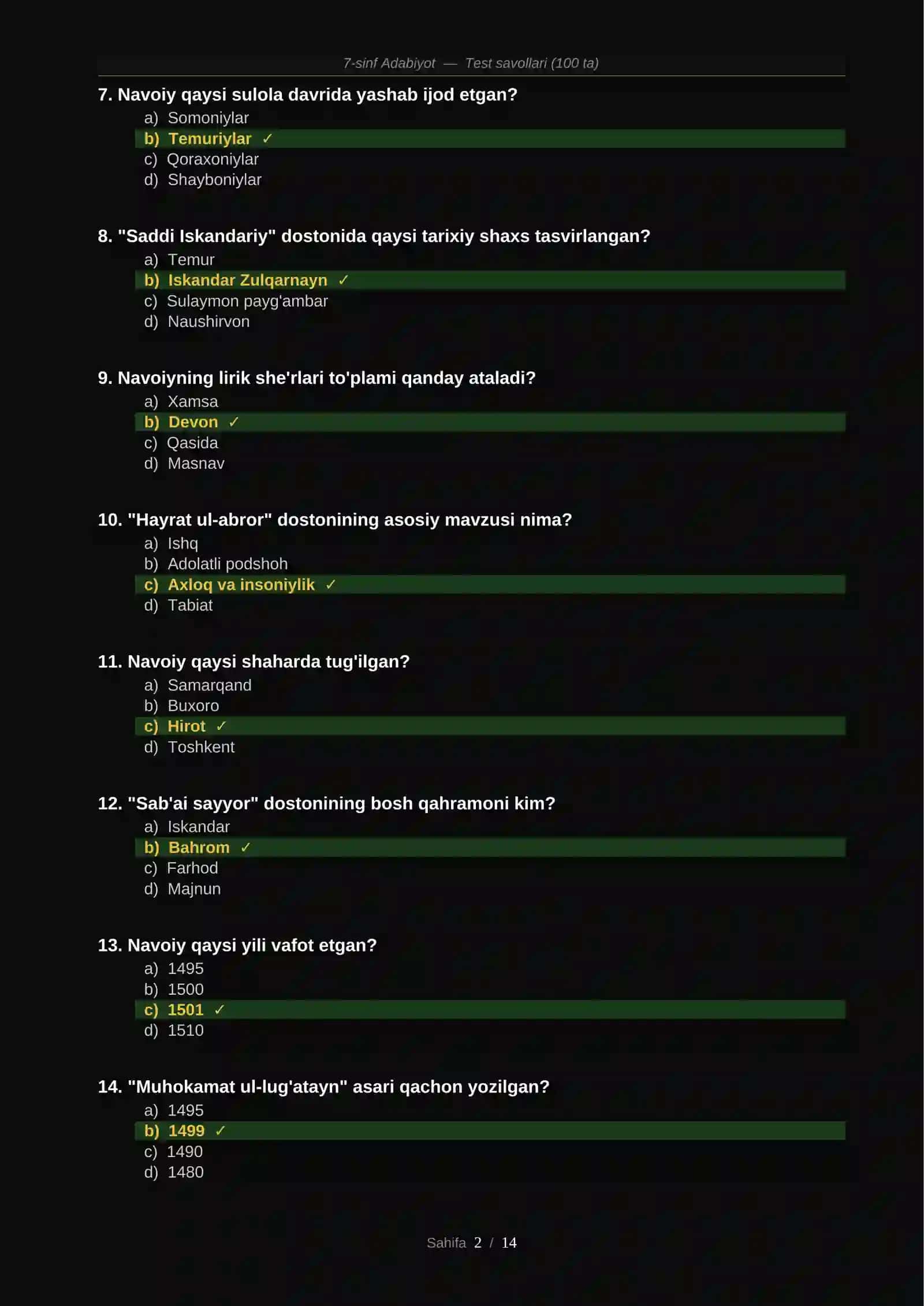 7-sinf Adabiyot — Test savollari (100 ta) 2