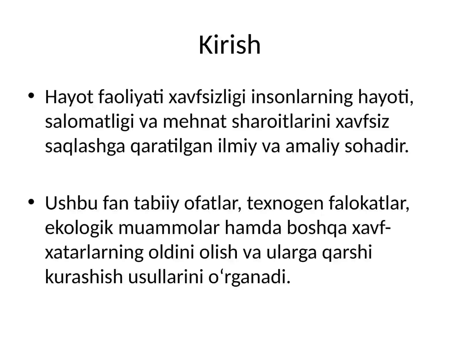 Hayot Faoliyati Xavfsizligini Ta’minlash Asoslari 2