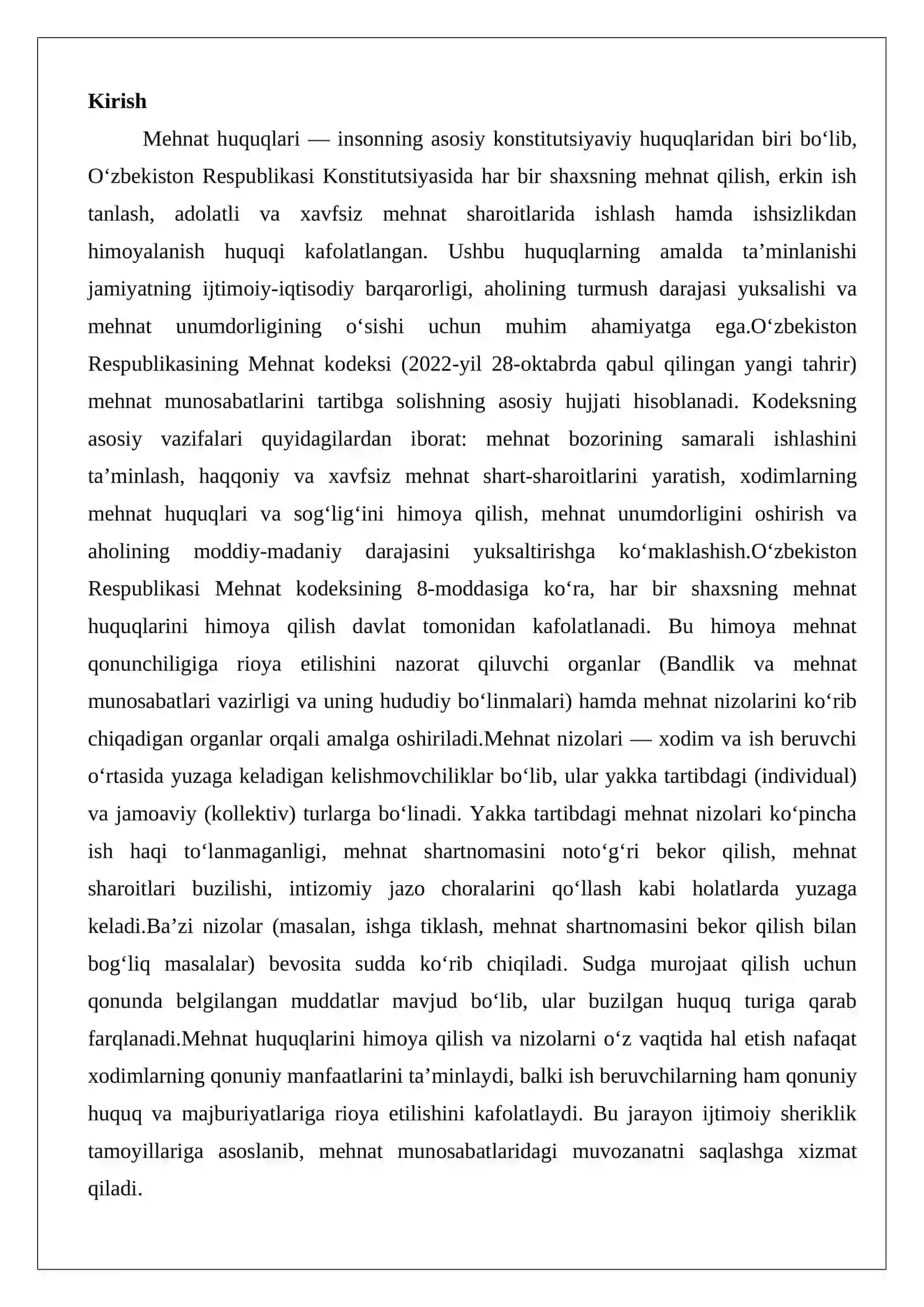 Xodimlarning mehnat huquqlarini himoya qilish. Mehnat nizolarini ko’rib chiqish 2