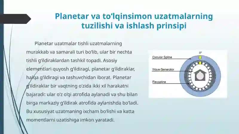 Planetar va to'lqinsimon uzatmalar. Uzatma kinematikasi. Planetar uzatmalarni hisoblash 2