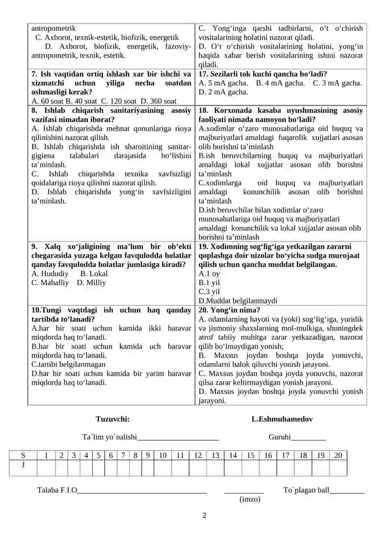 "Hayot faoliyat xavfsizligi" fanidan yakuniy nazorat test savollari 2
