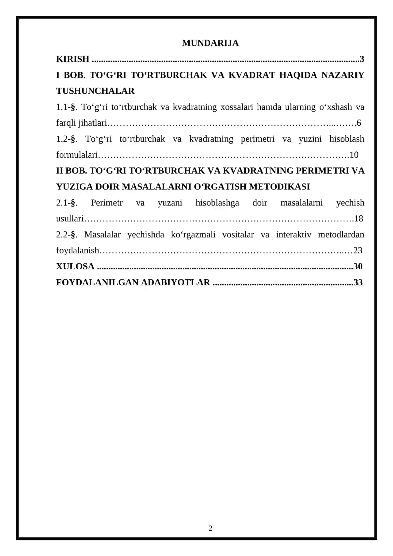 TOʻGʻRI TOʻRTBURCHAK VA KVADRATNING PERIMETRI, YUZIGA DOIR MASALALAR YECHISHGA OʻRGATISH 2