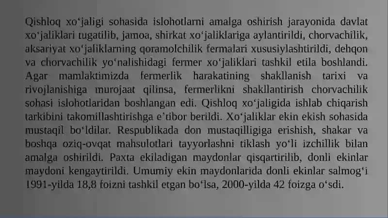 Mustaqillik yillari qishloq xoʻjaligi va sanoat sohasidagi oʻzgarishlar 2