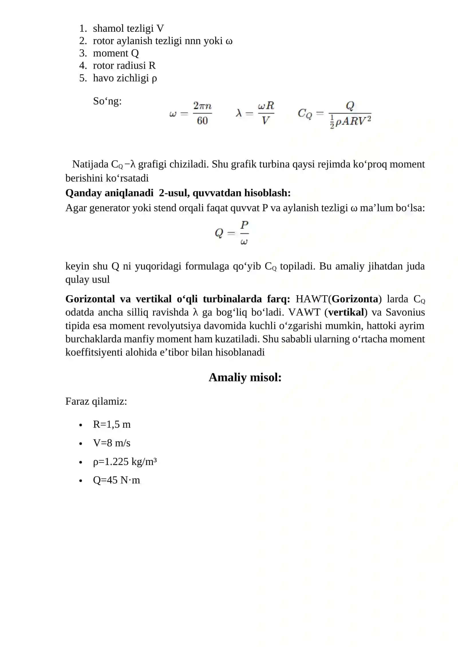 SHAMOL TURBINASI AYLANISH MOMINT KOEFFISIYNTINI ANIQLASH 2