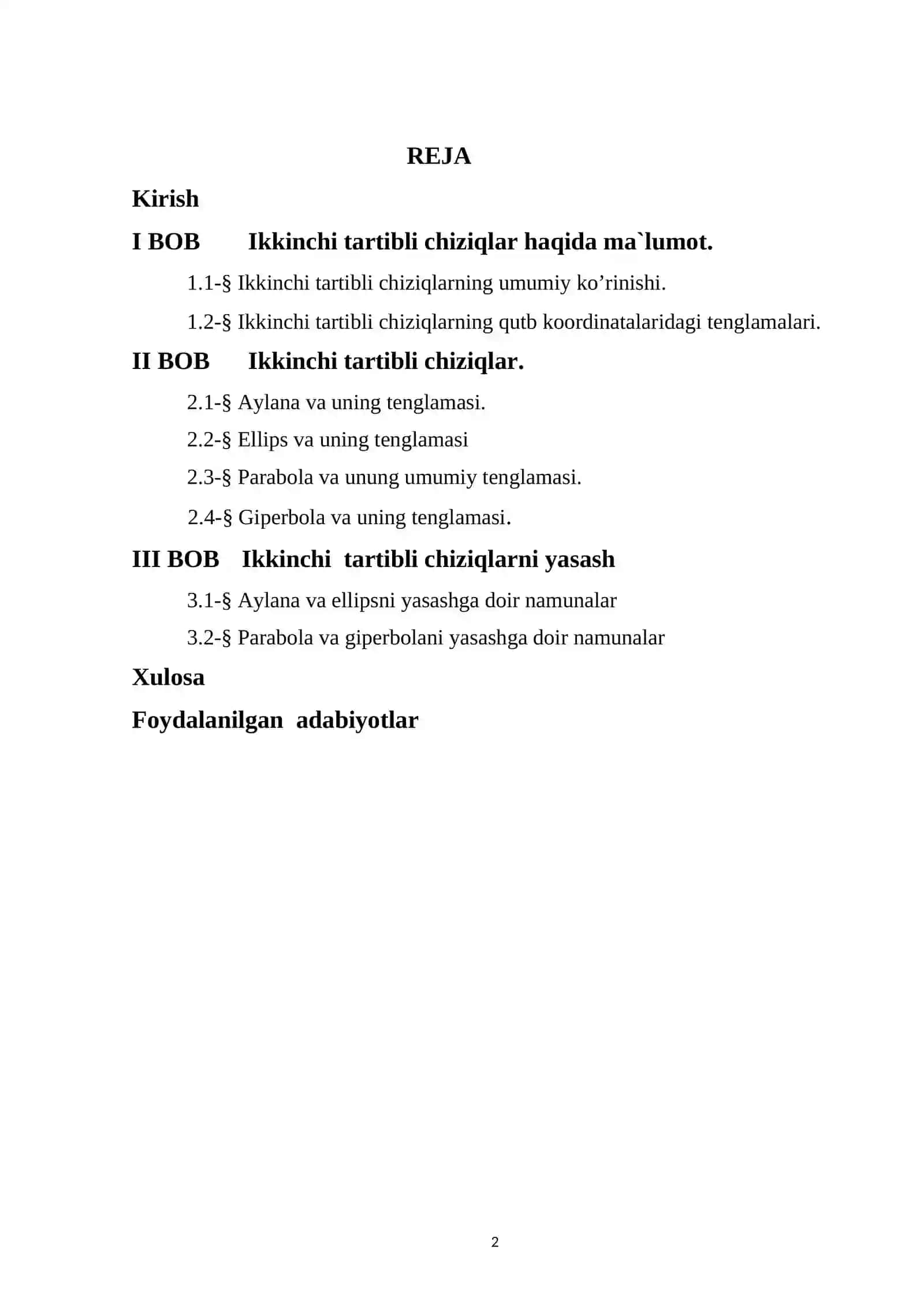Ikkinchi tartibli chiziqlar kurs ishi 2