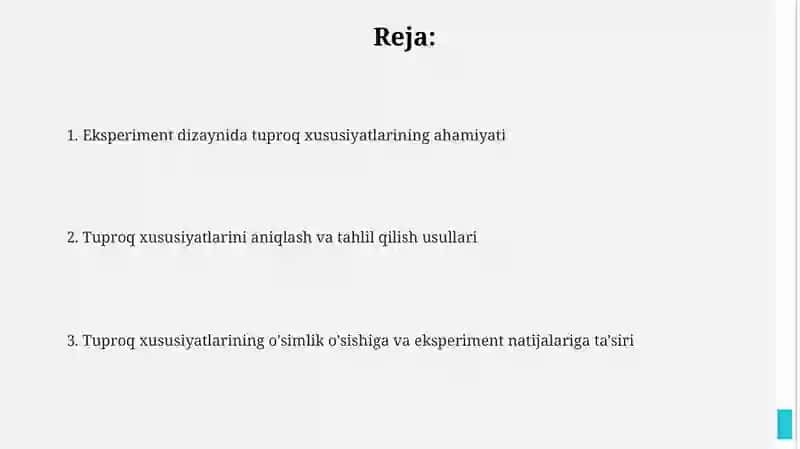 Tajriba o'tkazishda tuproq xususiyatlarini hisobga olish 2