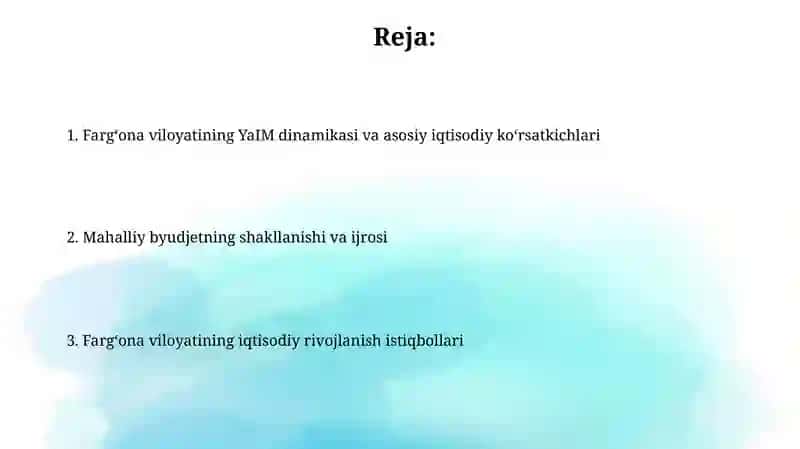 Fargʻonaa viloyati YaIM va iqtisodiy koʻrsatkichlari mahalliy byudjeti 2