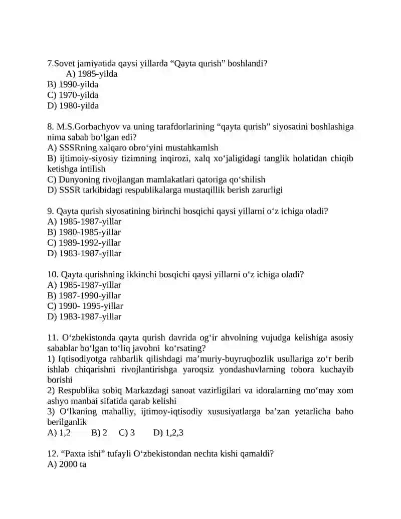 “Oʻzbekistonning eng yangi tarixi” oʻquv kursi boʻyicha test savollari 2