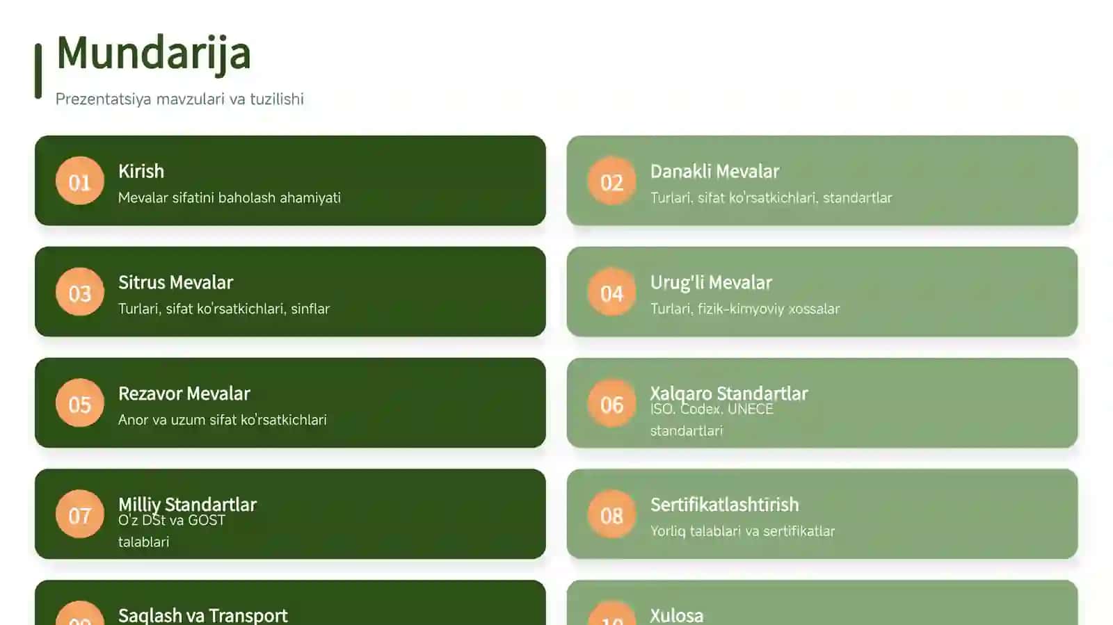 Danakli, Urug'li, Rezavor va Sitrus Mevalarning Sifat Ko'rsatkichlari va Standart Talablari 2