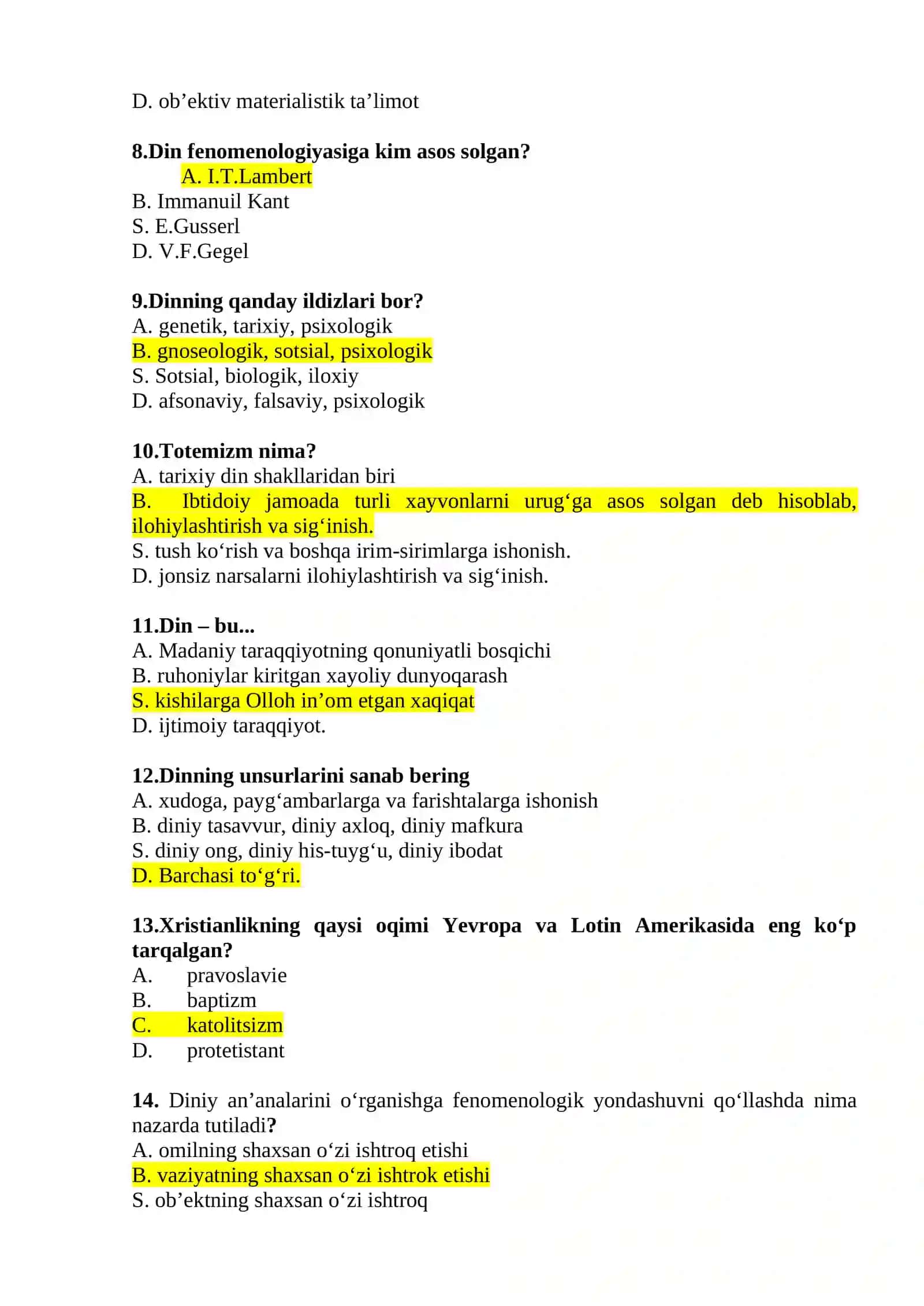 Dinshunoslik fanidan YN uchun testlar 2