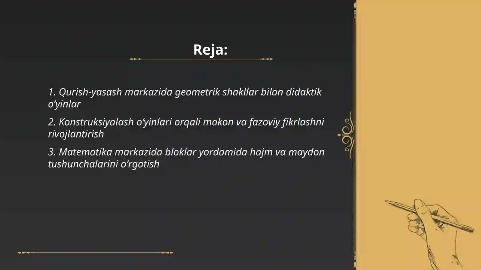 Qurish-yasash, konstruksiyalash va matematika markazida didaktik oʻyinlar 2