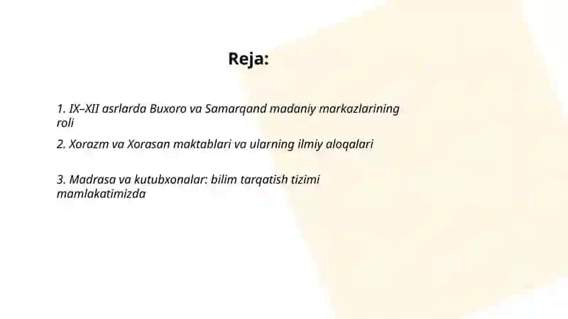 IX-XII asrlarda mamlakatimiz hududida ròy bergan madaniy uyģonish ( Renessans) Buyuk allomalarning jahon sivilizatsiyasiga qòshgan hissasi 2