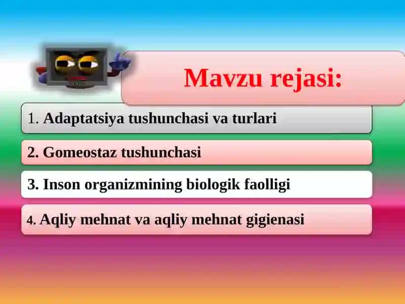 HAYOT FAOLIYATI XAVFSIZLIGINING TIBBIY BIOLOGIK  ASOSLARI.  AQLIY MEHNAT GIGIENASI. 2
