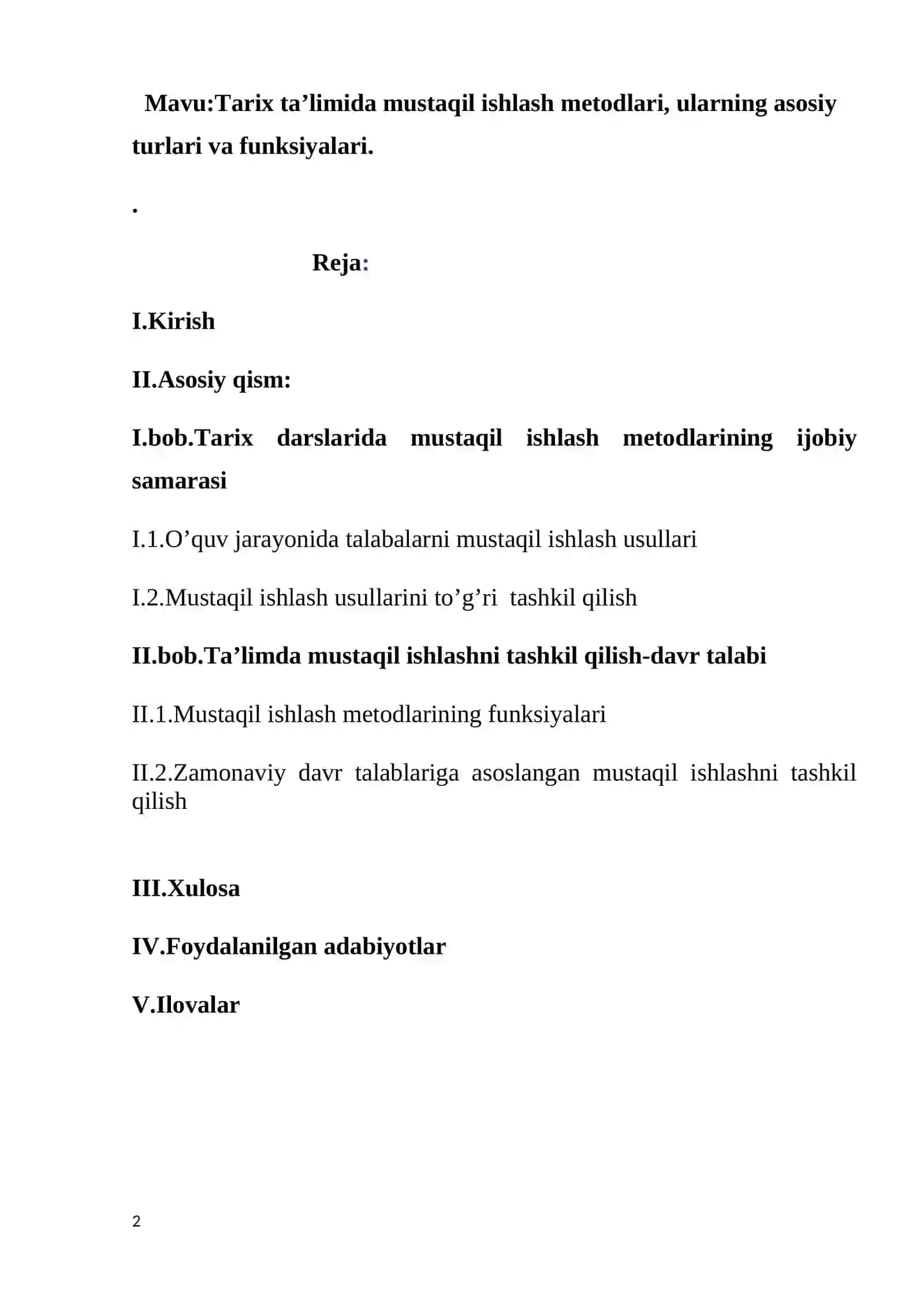 Tarix ta’limida mustaqil ishlash metodlari, ularning asosiy turlari va funksiyalari 2