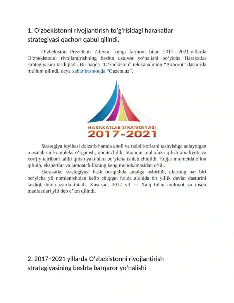 O’zbekiston respublikasi prezedentining O‘zbekistonni rivojlantirish bo‘yicha 5 harakatlar strategiyasi 2