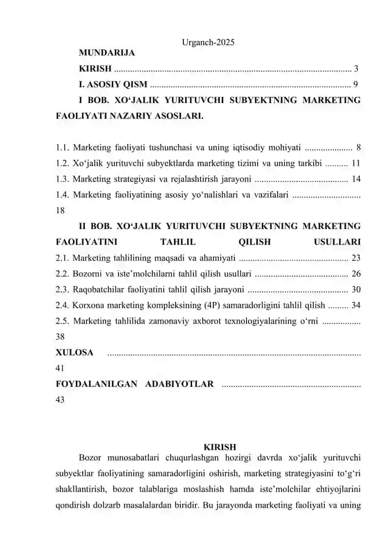 “Xo’jalik yurituvchi subyektlarning marketing faoliyatida tahlili” Mavzusidagi 2