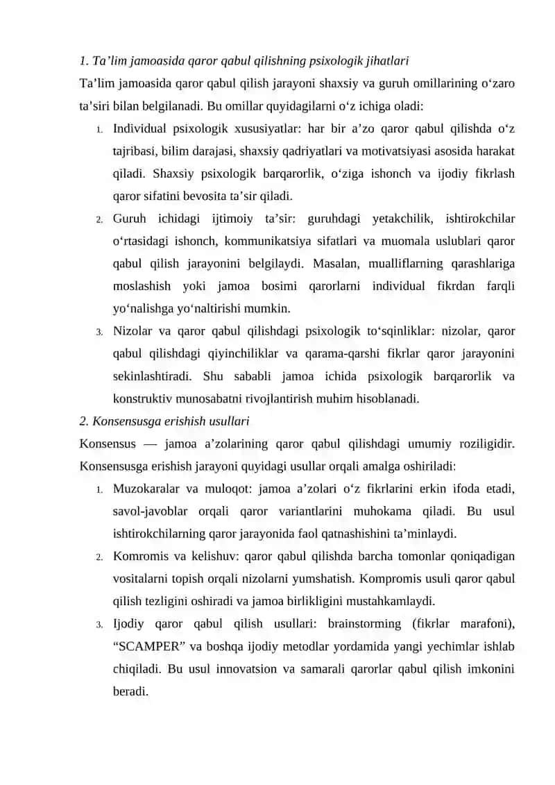 Taʼlim jamoasida qaror qabul qilishning psixologik jihatlari: konsensusga erishish usullari 2