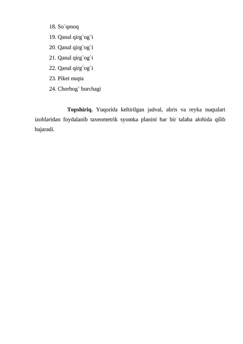 Bitta bekatda tafsilotlar va relyefning taxeometrik syomkasini bajarib jurnalga yozish 2