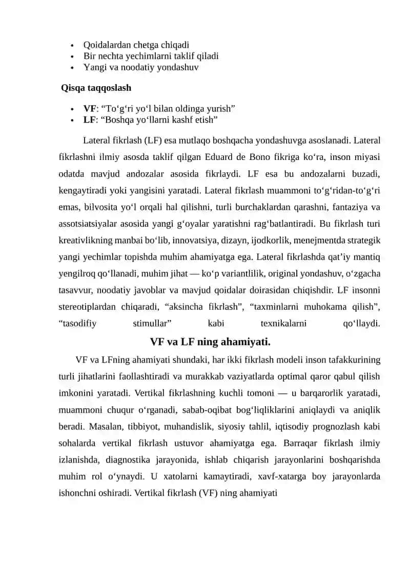 Vertikal fikrlash (VF) va lateral fikrlash (LF) ta’riflari 2