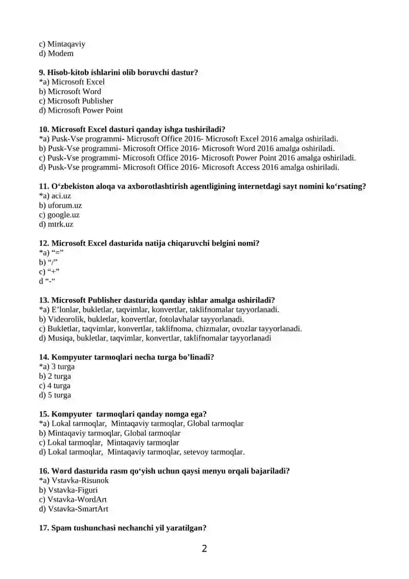 2019 o‘quv yili uchun “Yoshlar yetakchilari faoliyatida dasturiy vositalar” dan MOK uchun kirish va chiqish testi, oraliq nazorati topshiriqlari 2