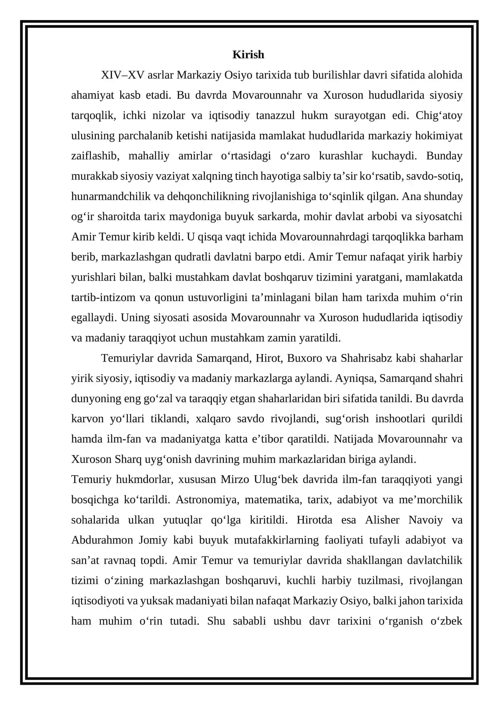 Amir Temur va temuriylar davrida Movaraunnahr va Xurosonda davlatchilik rivoji mavzusida referat tayyorlash 2