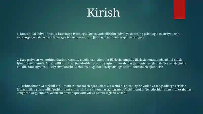 Yoshlik Davrining Psixologik Xususiyatlari Mavzusi Bo'Yicha "Konseptual Jadval" Tayyorlash Va To'Ldirish 2
