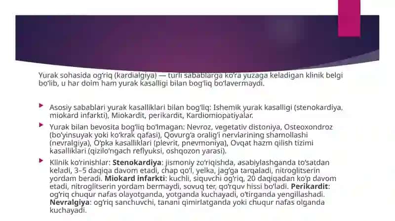 Yurak sohasida og‘riq. Turli etiologiyali miokardit va miokardiodistrofiyaning taqqoslama tashxisoti. TELA, aortaanevrizmasi, perikarditning taqqoslama tashxisoti OSH taktikasi”. 2