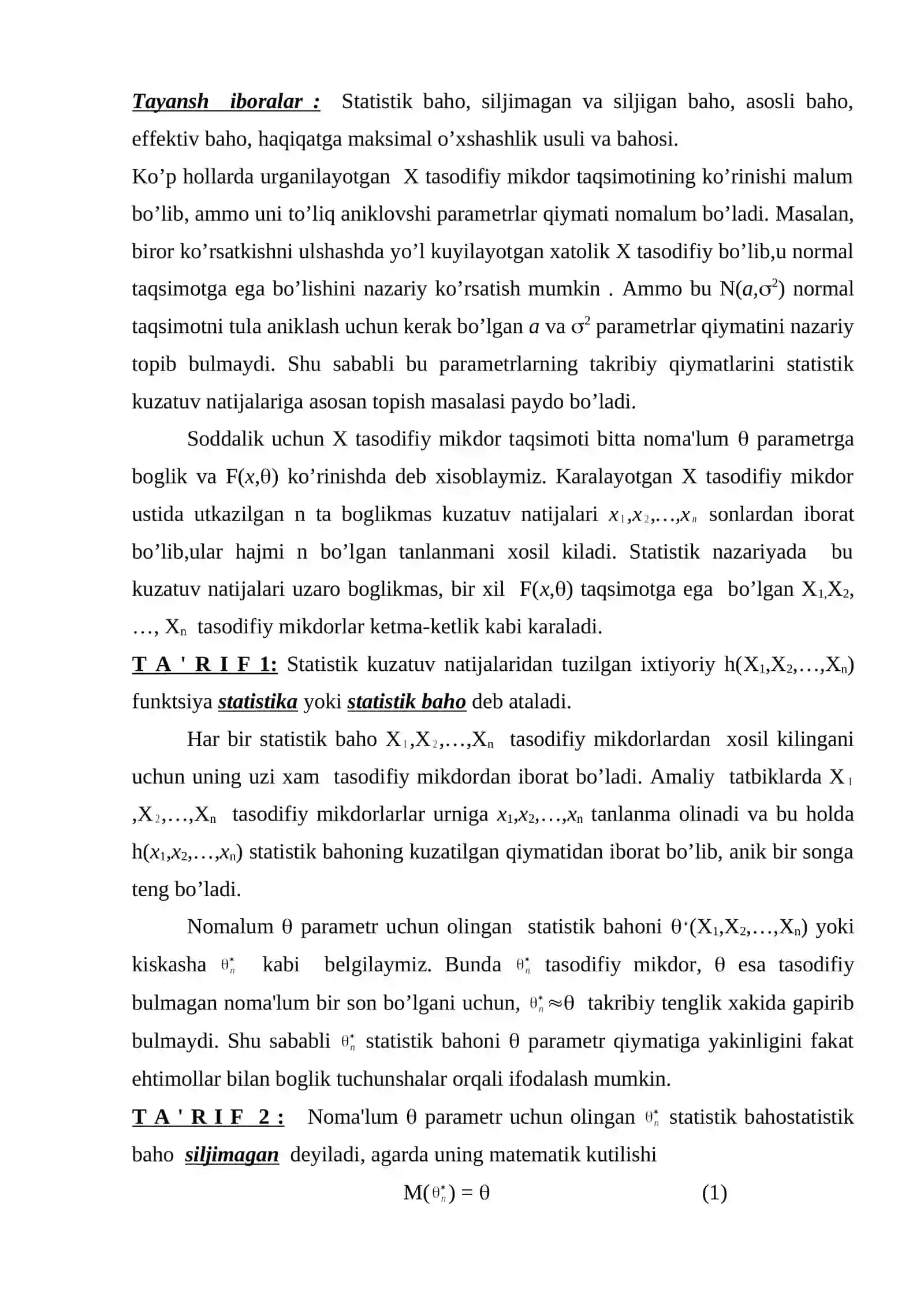 Taqsimot parametrlarining statistik baholarining matematik modellari 2