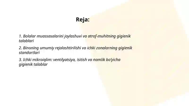 Bolalar muassasalarini loyihalashtirish qurilish va jihozlashga bulgan geginik talablar 2