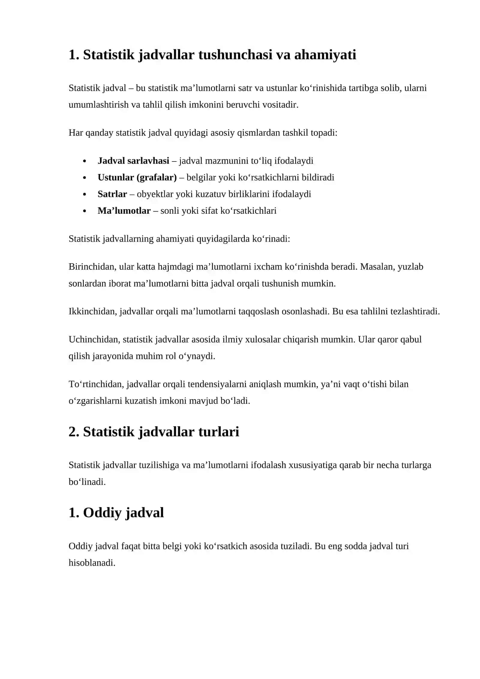 Statistik jadvallar va ularni tuzish qoidalari – tayyor referat ( jadvallar bilan) 2