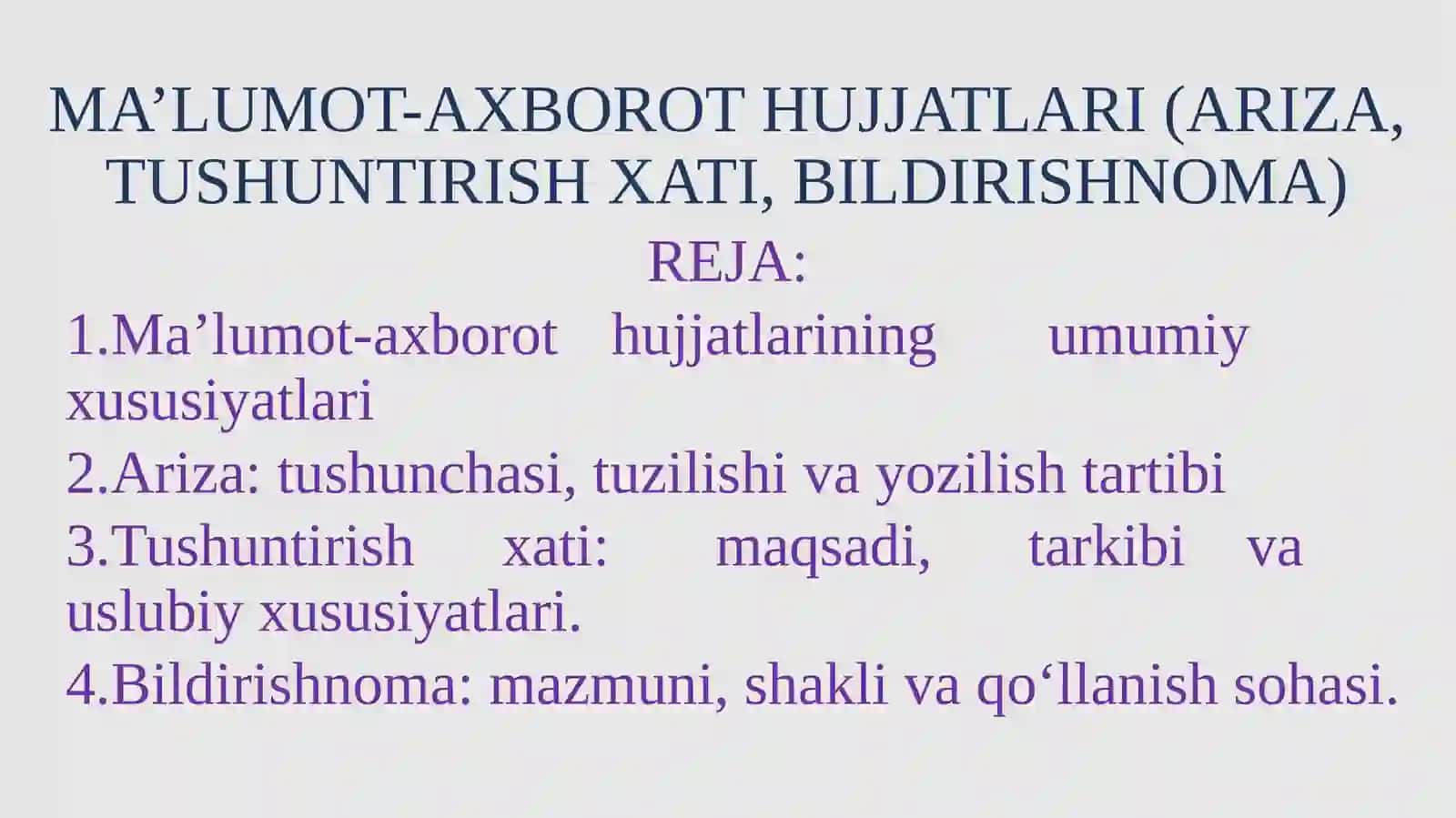 MA’LUMOT-AXBOROT HUJJATLARI (ARIZA, TUSHUNTIRISH XATI, BILDIRISHNOMA) 2