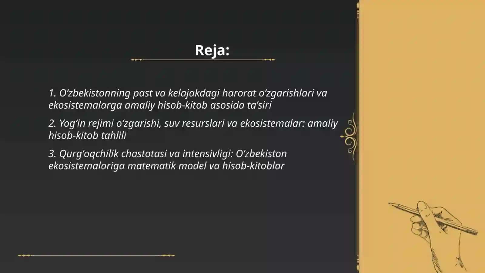 Global iqlim o'zgarishining O'zbekiston hududiga ekosistemaga tasiri Amaliy hisob kitob asosida tahlil qilish 2