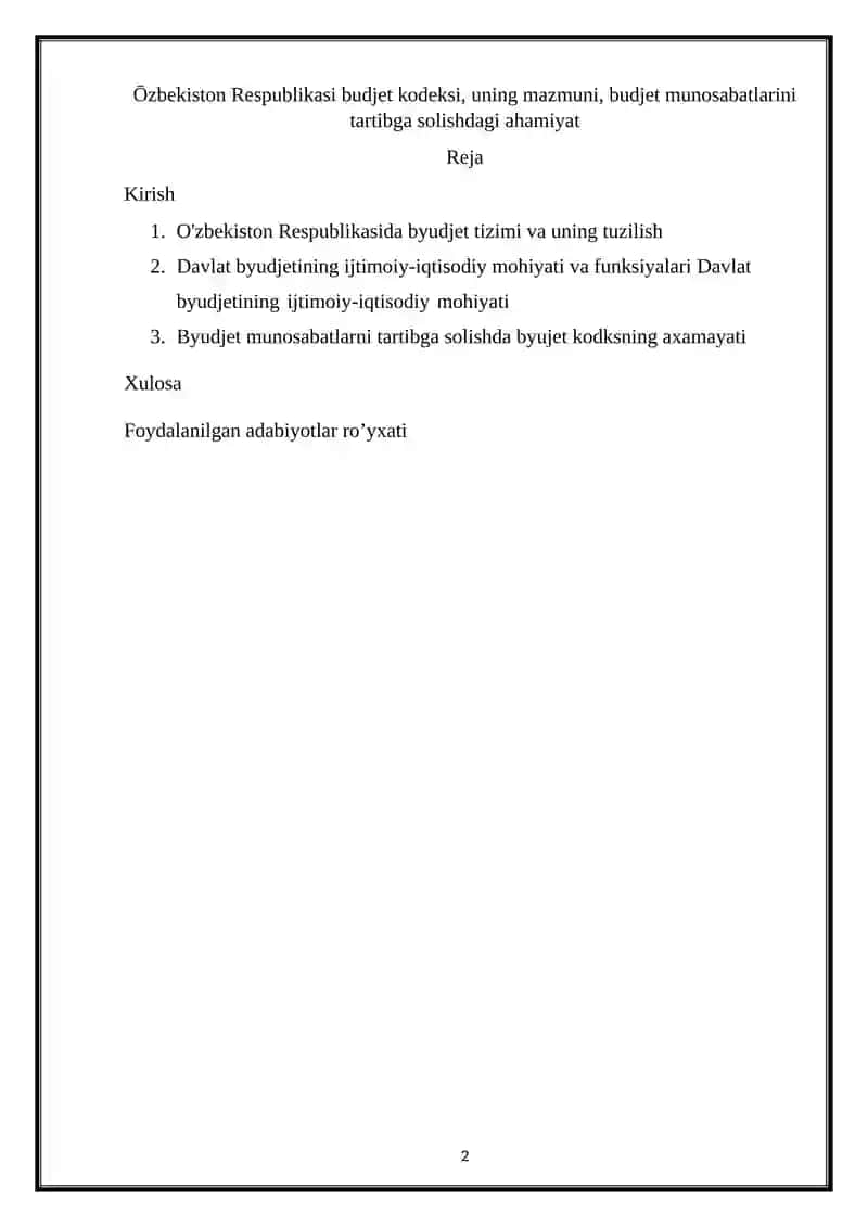 ŌZBEKISTON RESPUBLIKASI BUDJET KODEKSI KURS ISHI 2