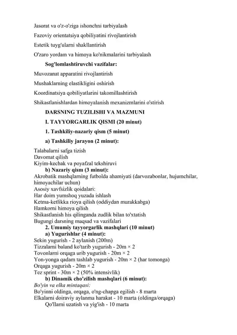 Akrobatik mashqlarni bajarishga o‘rgatish va individual texnik harakatlarni takomillashtirish. 2