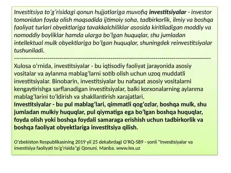 QISHLOQXO‘JALIGIDAINVESTITSIYA VA INVESTITSIYAFAOLIYATI 2