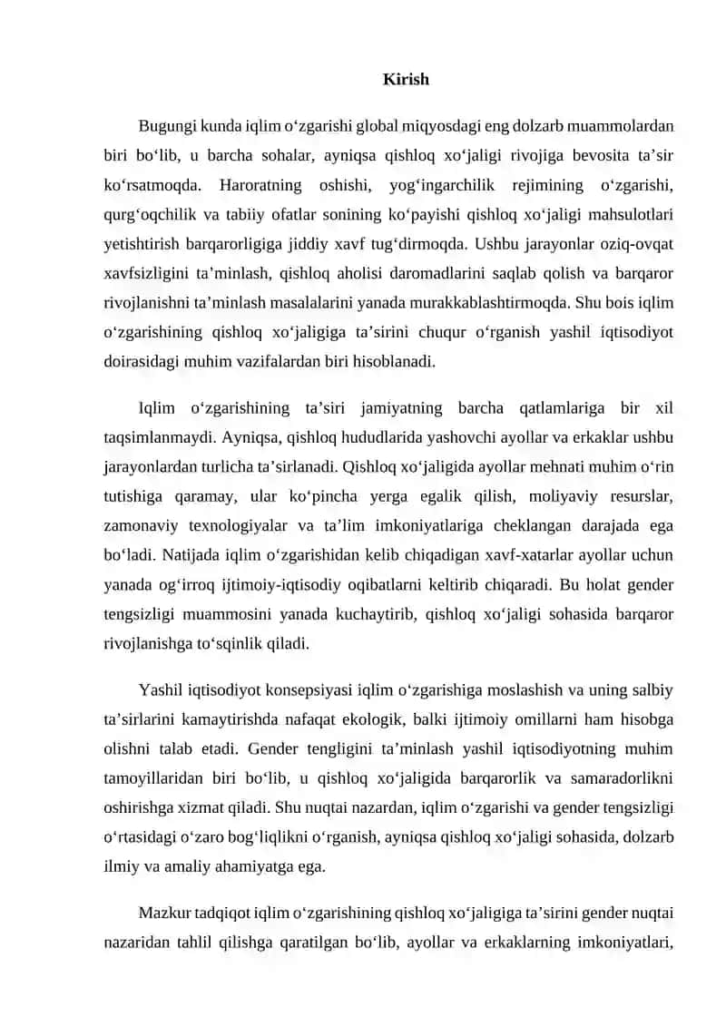 Iqlim o‘zgarishi va gender tengsizligi qishloq xo‘jaligi sohasidagi tadqiqot 2