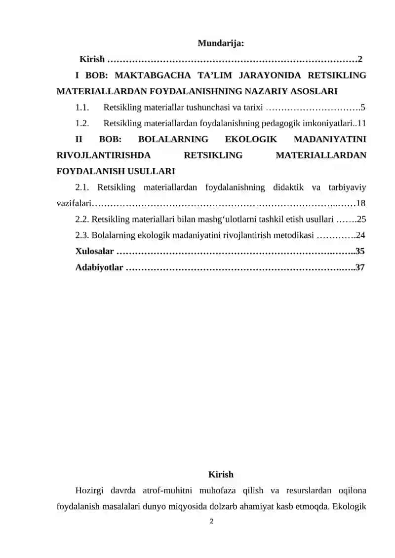Maktabgacha ta’lim tashkilotida retsikling materiallardan foydalanish orqali bolalarning ekologik madaniyatini rivojlantirish” 2